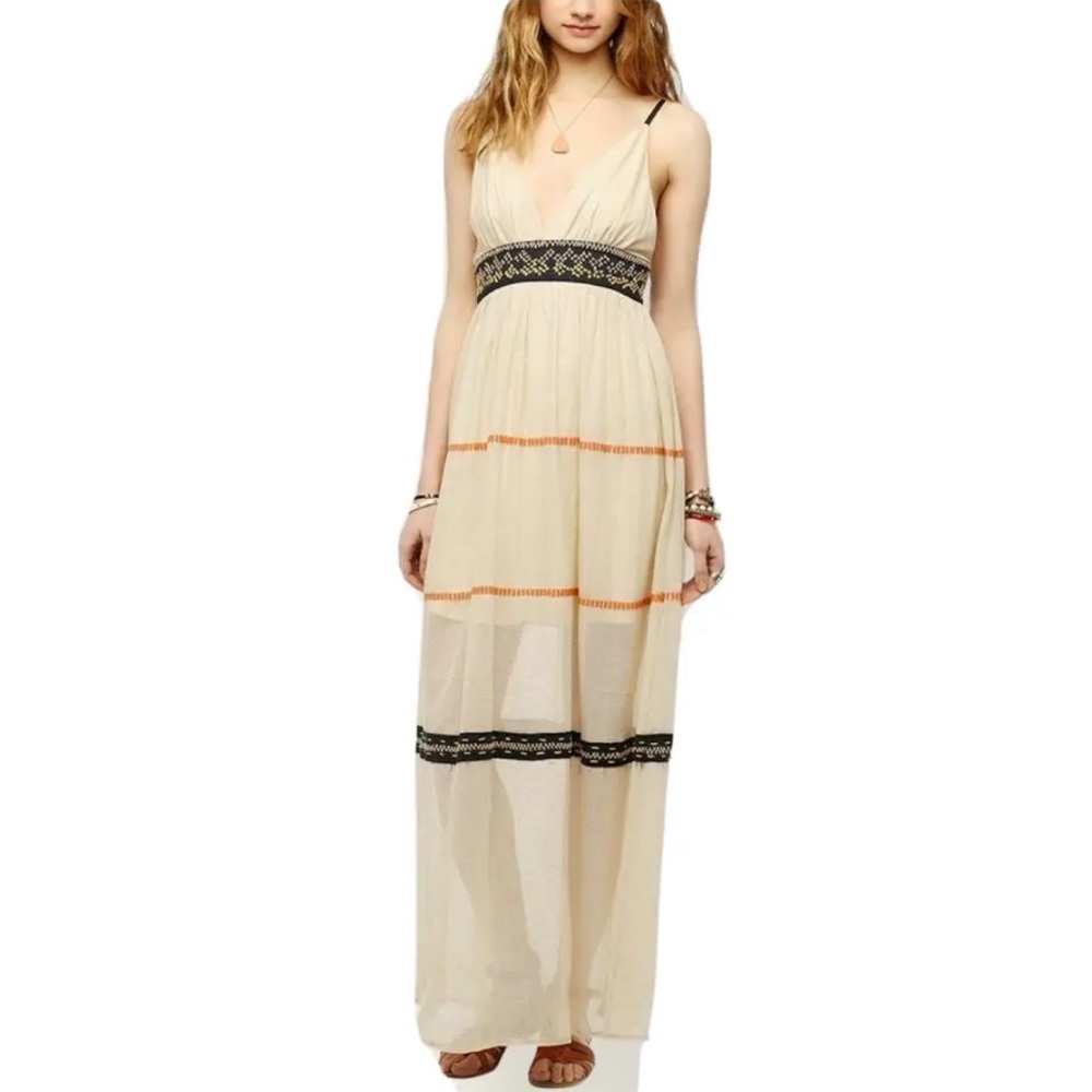 Ecote Beige Embroidered Gauze Maxi Dress, Size XS